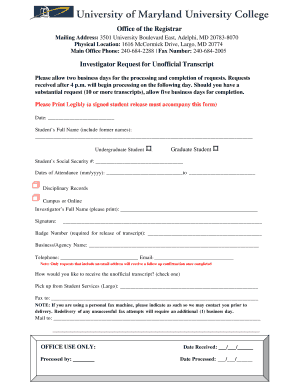 Investigator Request for Unofficial Transcript Umuc  Form