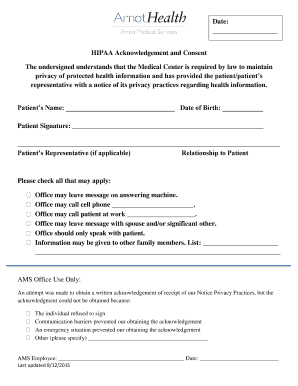 HIPAA Acknowledgement and Consent Form