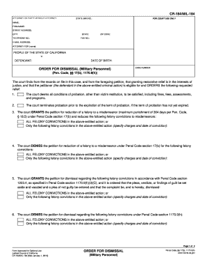  CR 184MIL 184 Order for Dismissal Military Personnel Judicial Council Forms  Courts Ca 2016