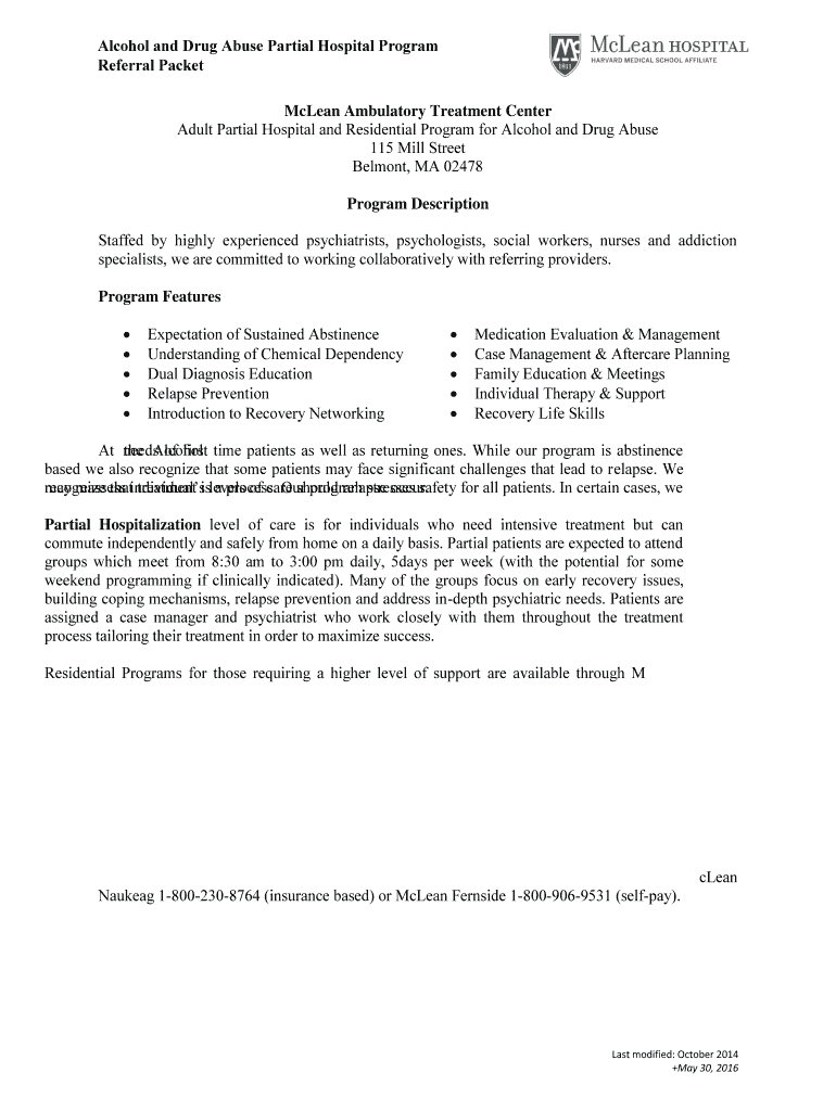 Alcohol and Drug Abuse Partial Hospital Program  Form