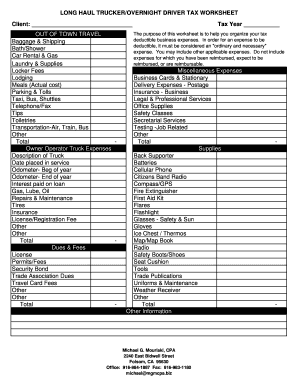 Owner Operator Tax Deductions Worksheet  Form