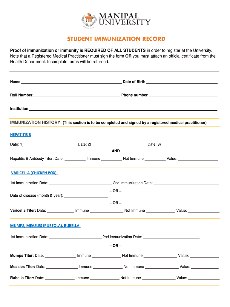 Student Immunization Form Manipal