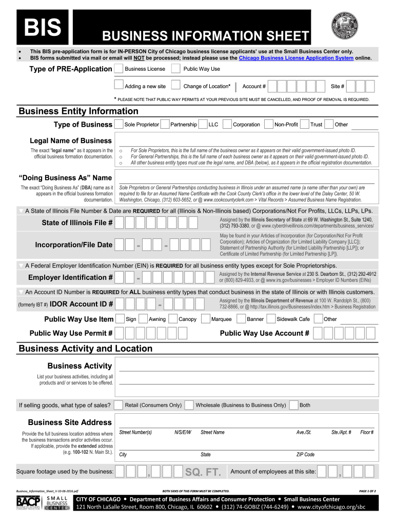 Bis Business Information Sheet City of Chicago Cityofchicago