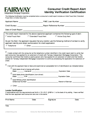 Consumer Credit Report Alert Identity Verification Certification 01192010 DOC  Form