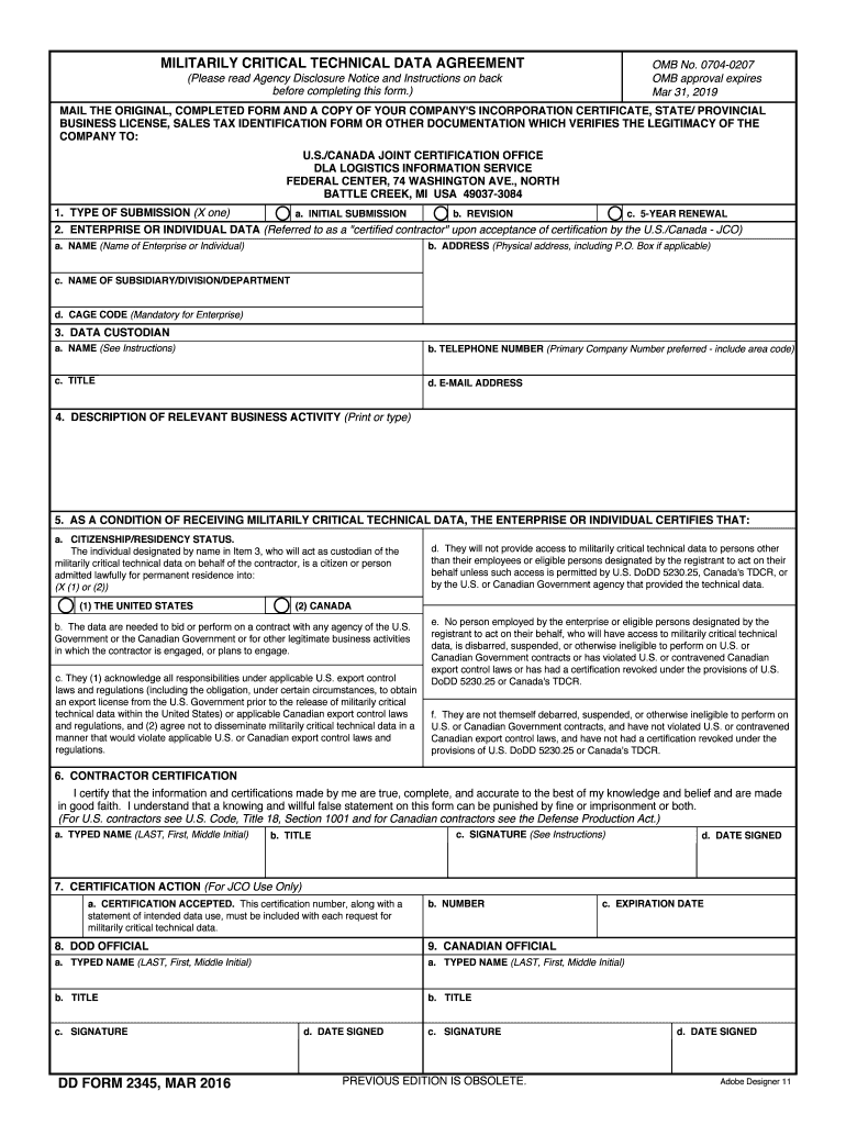  Dd Form 2345 2016-2024