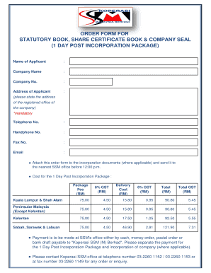 ORDER FORM for STATUTORY BOOK, SHARE CERTIFICATE Ssm Com