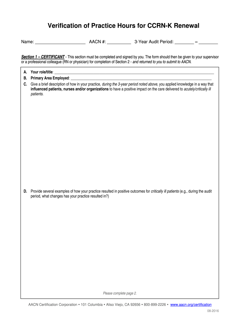  Verification of Practice Hours for CCRN K Renewal American Aacn 2016-2024