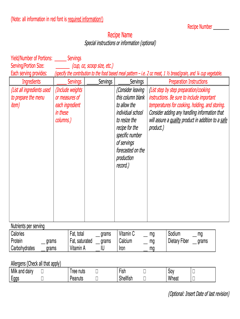 Standardized Recipe Template  Form