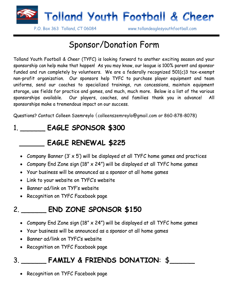 SponsorDonation Form Tolland Eagles Youth Football