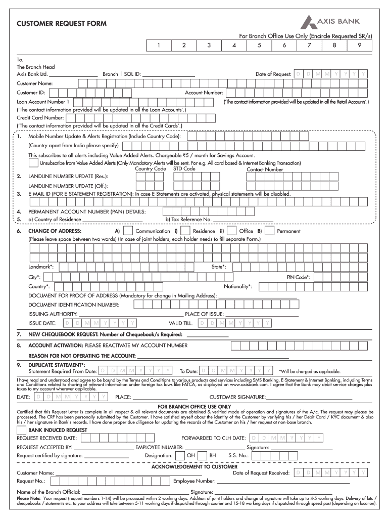 CUSTOMER REQUEST FORM Axis Bank