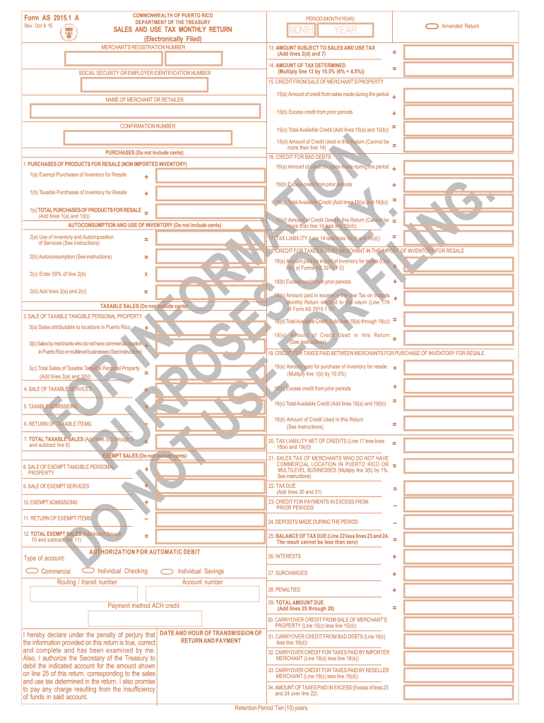 Form as 2915 1 a SALES and USE TAX MONTHLY RETURN   Hacienda Pr