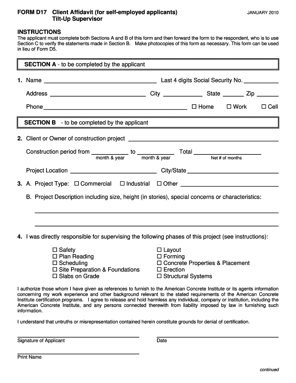  Client Affidavit for Self Employed Examinees D17 American Concrete 2010-2024