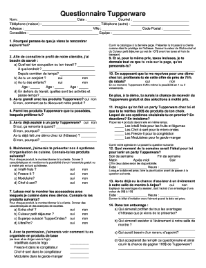 Questionnaire Tupperware  Form