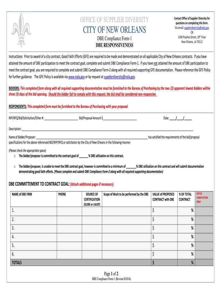 DBE Responsiveness  City of New Orleans  Nola  Form