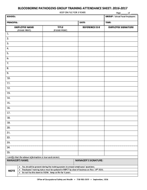 BLOODBORNE PATHOGENS GROUP TRAINING ATTENDANCE SHEET Schools Nyc  Form