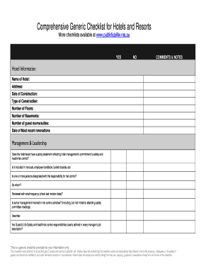 Comprehensive Generic Checklist for Hotels and Resorts  Form