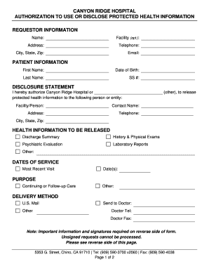 Canyon Ridge Hospital Health  Form