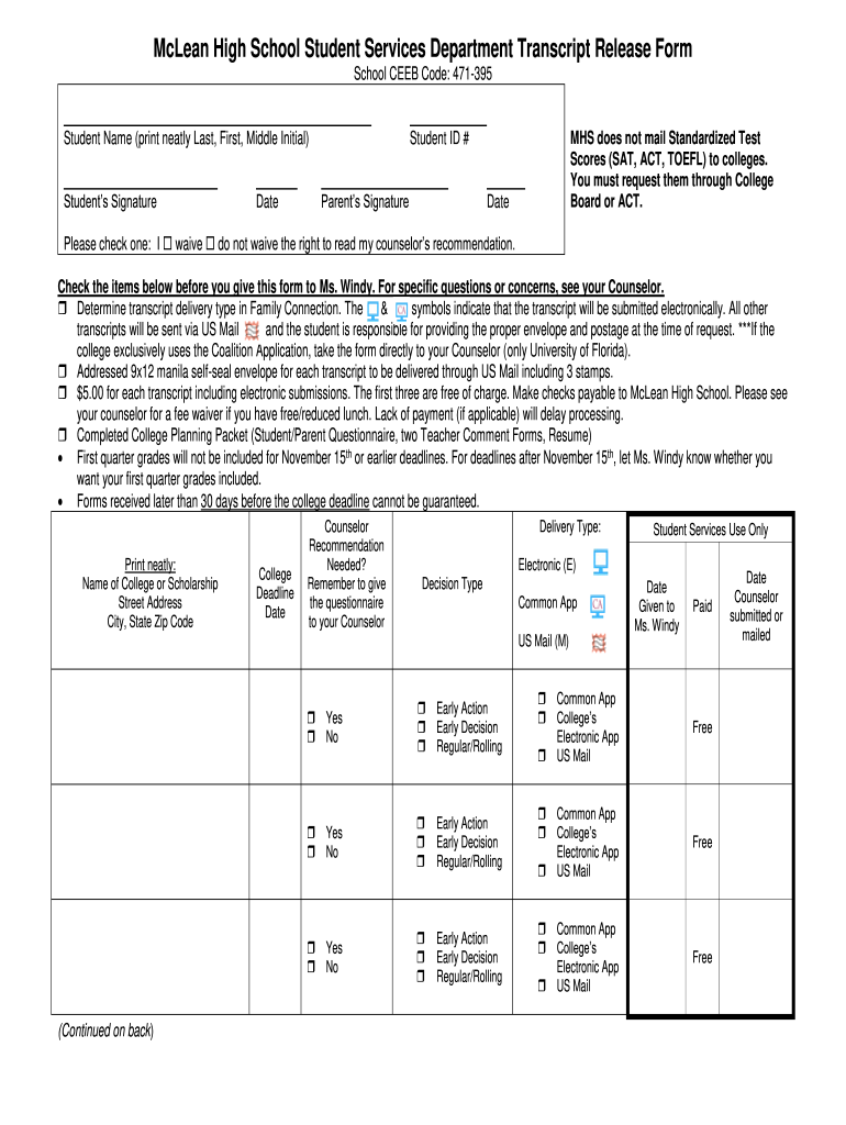 Mclean High School Transcript  Form