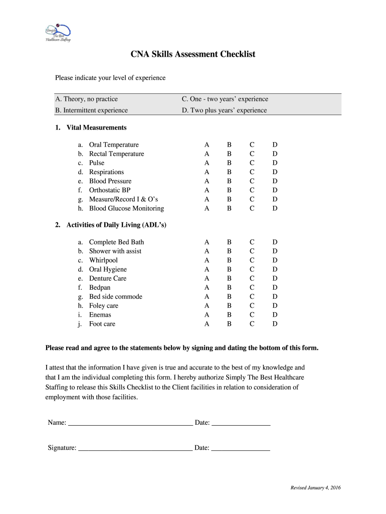 CNA Skills Checklist  Simply the Best Healthcare  Form