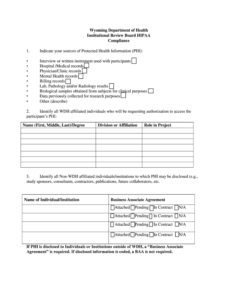 Wyoming Department of Health Institutional Review Board HIPAA  Form