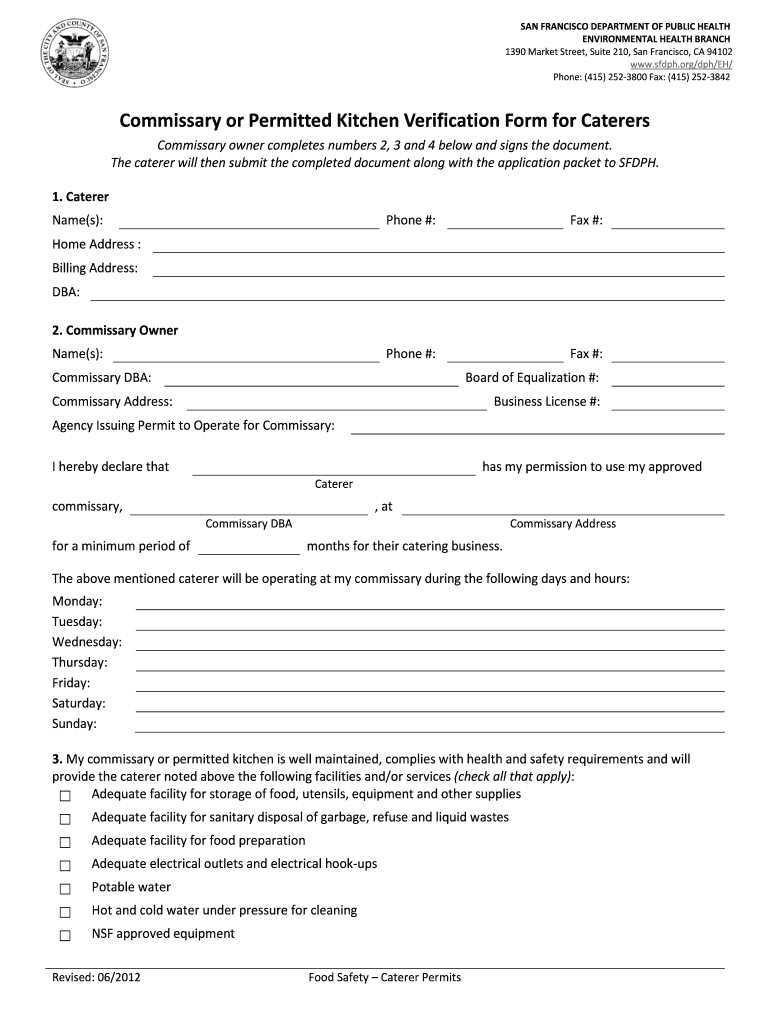Commissary or Permitted Kitchen Verification Form for Caterers
