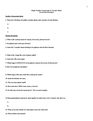 Vascular and Nonvascular Plants Worksheet PDF  Form