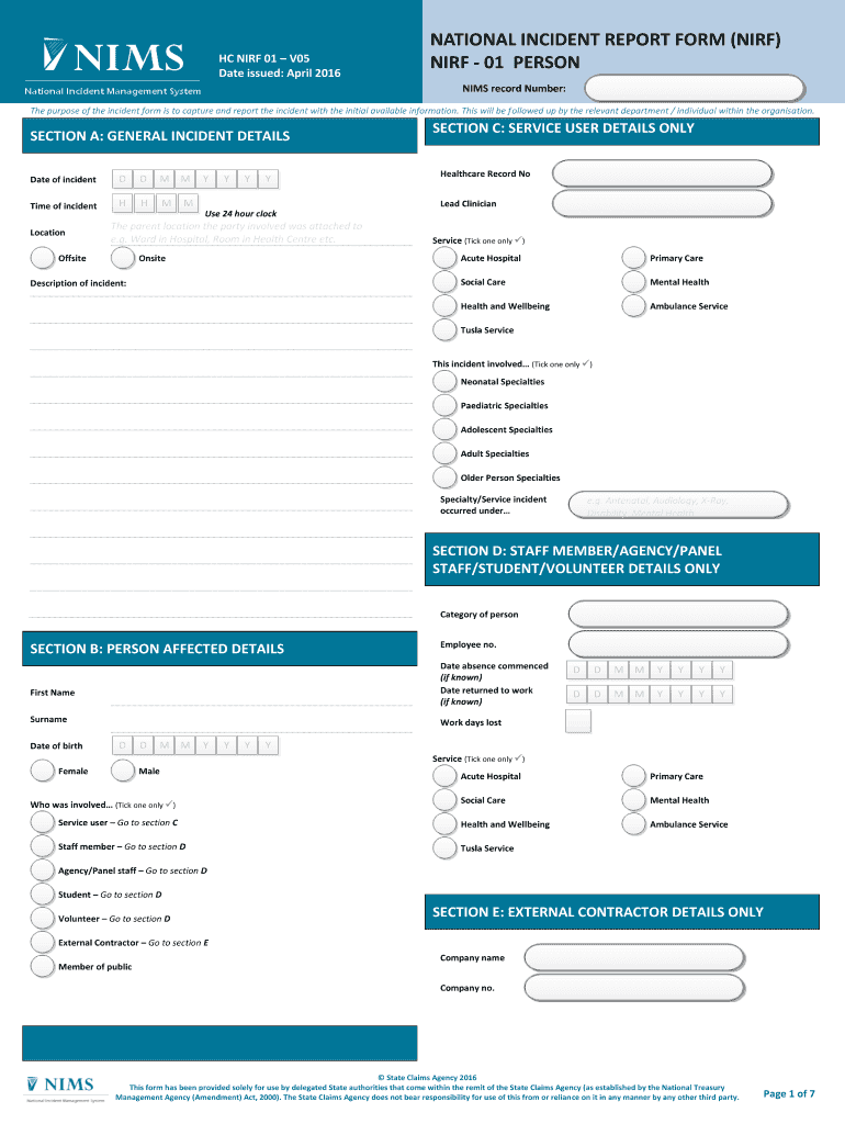 NATIONAL INCIDENT REPORT FORM NIRF  Hse