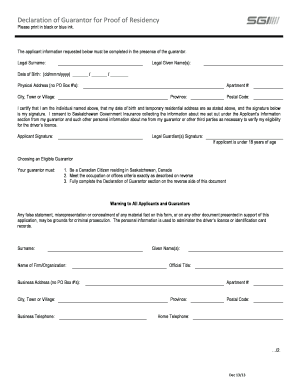 Decleration of Guarantor Saskatchewan  Form