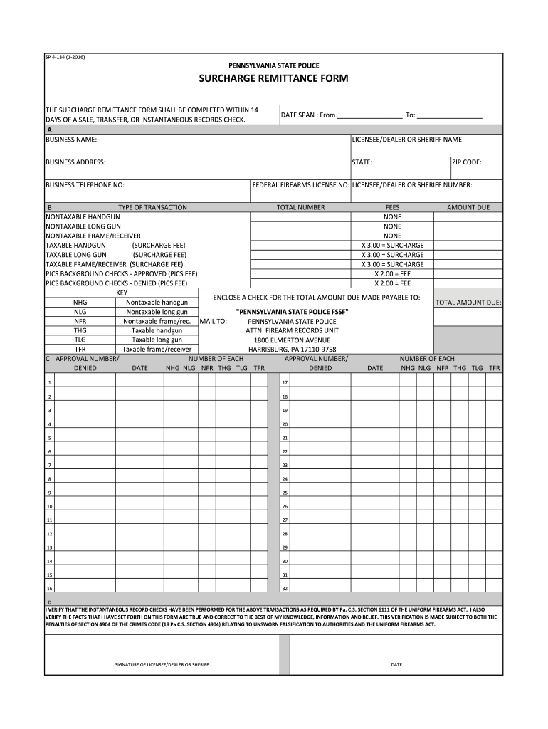  Pa State Police Surcharge Remittance Form 2016