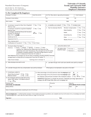  Disability Insurance Employer's Statement for Faculty,Officers, Exempt Professionals University of Colorado, 2047 399101f PDF GR 2015-2024