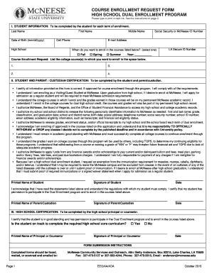  Course Enrollment Request Form PDF McNeese State University Mcneese 2015