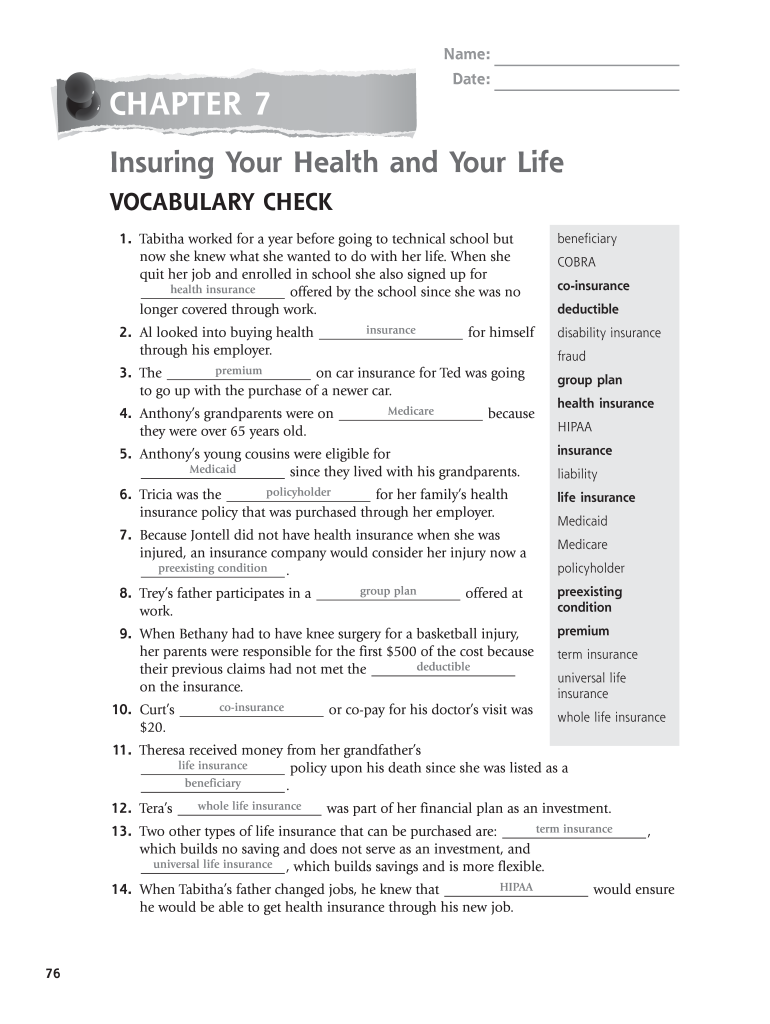 Chapter 7 Insuring Life and Health Answers  Form