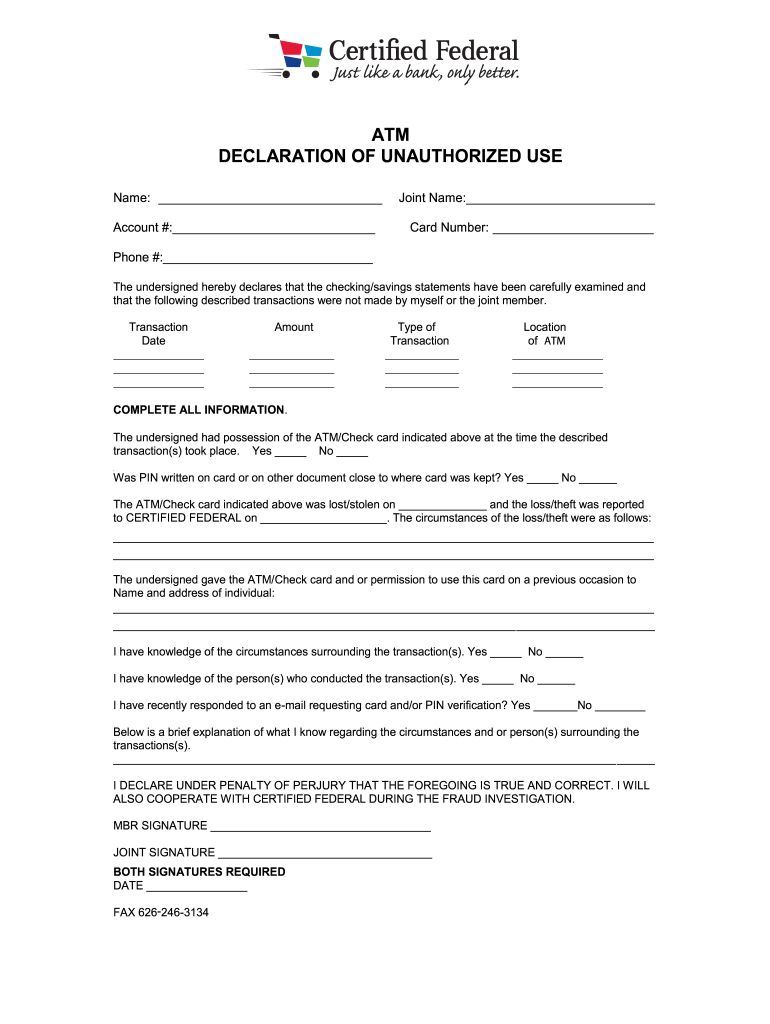 Atm Declaration of Unauthorized Use Certified Federal  Form