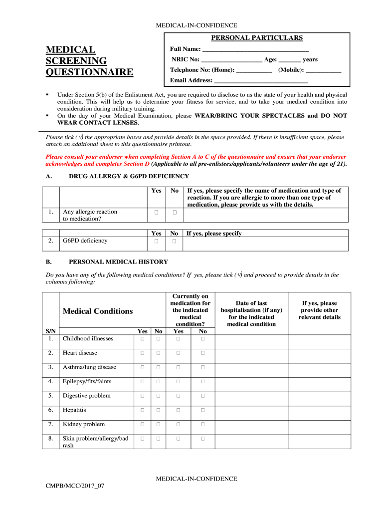  Medical Screening Questionnaire 2017-2024