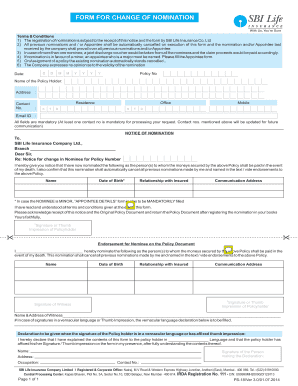 FORM for CHANGE of NOMINATION Sbilife Co in