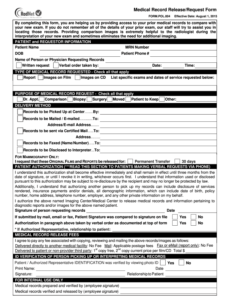 Medical Record Release Request Form Fill Out and Sign Printable PDF