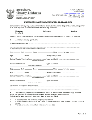 Inter Territorial Movement Permit for Dogs and Cats  Form