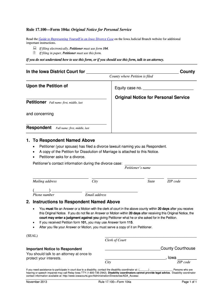 Form 104a Original Notice for Personal Service Paper Filing Iowacourts