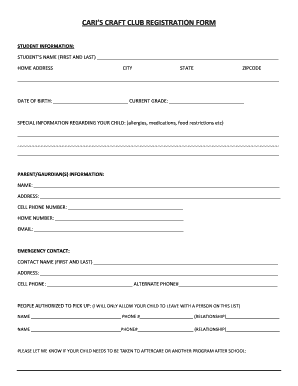 CARI S CRAFT CLUB REGISTRATION FORM