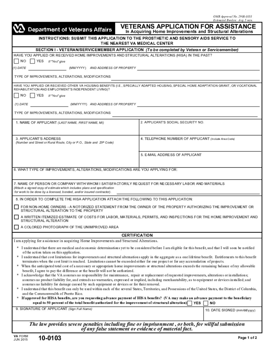  VHA 10 0103 Veterans Application for Assistance 2015-2024