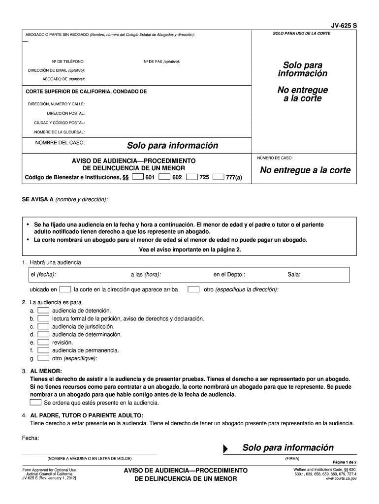  JV 625s Notice of Hearing Juvenile Delinquency Proceeding Spanish Judicial Council Forms  Courts Ca 2012