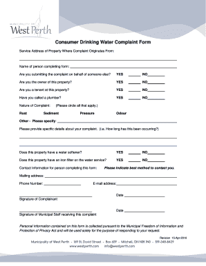 Consumer Drinking Water Complaint Form West