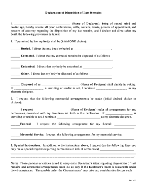 Declaration of Disposition of Last Remains  Form