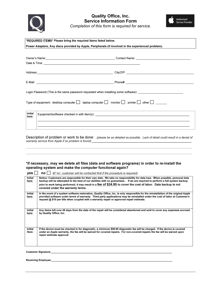 Computer Repair Intake Form for Personal Machines