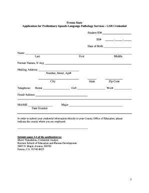 Application for Preliminary Speech Language Pathology Services Credentials  Form