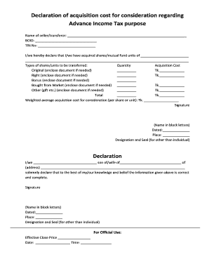 Declaration of Acquisition Cost for Consideration Regarding  Form