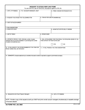 REQUEST to STOCK NEW LINE ITEMS DA FORM 7457, JUL Apd Army 2002-2023