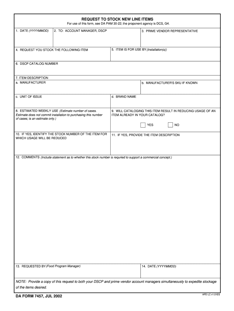  REQUEST to STOCK NEW LINE ITEMS DA FORM 7457, JUL  Apd Army 2002-2024