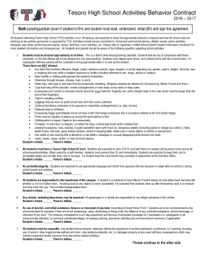  Tesoro High School Activities Behavior Contract 2016