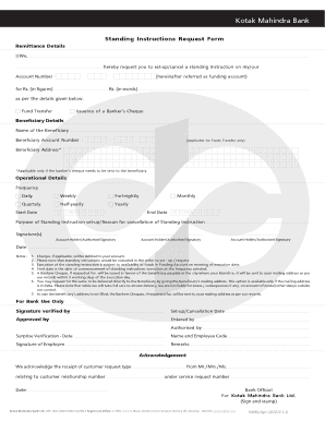 Standing Instructions Request Form P65 Kotak Mahindra Bank